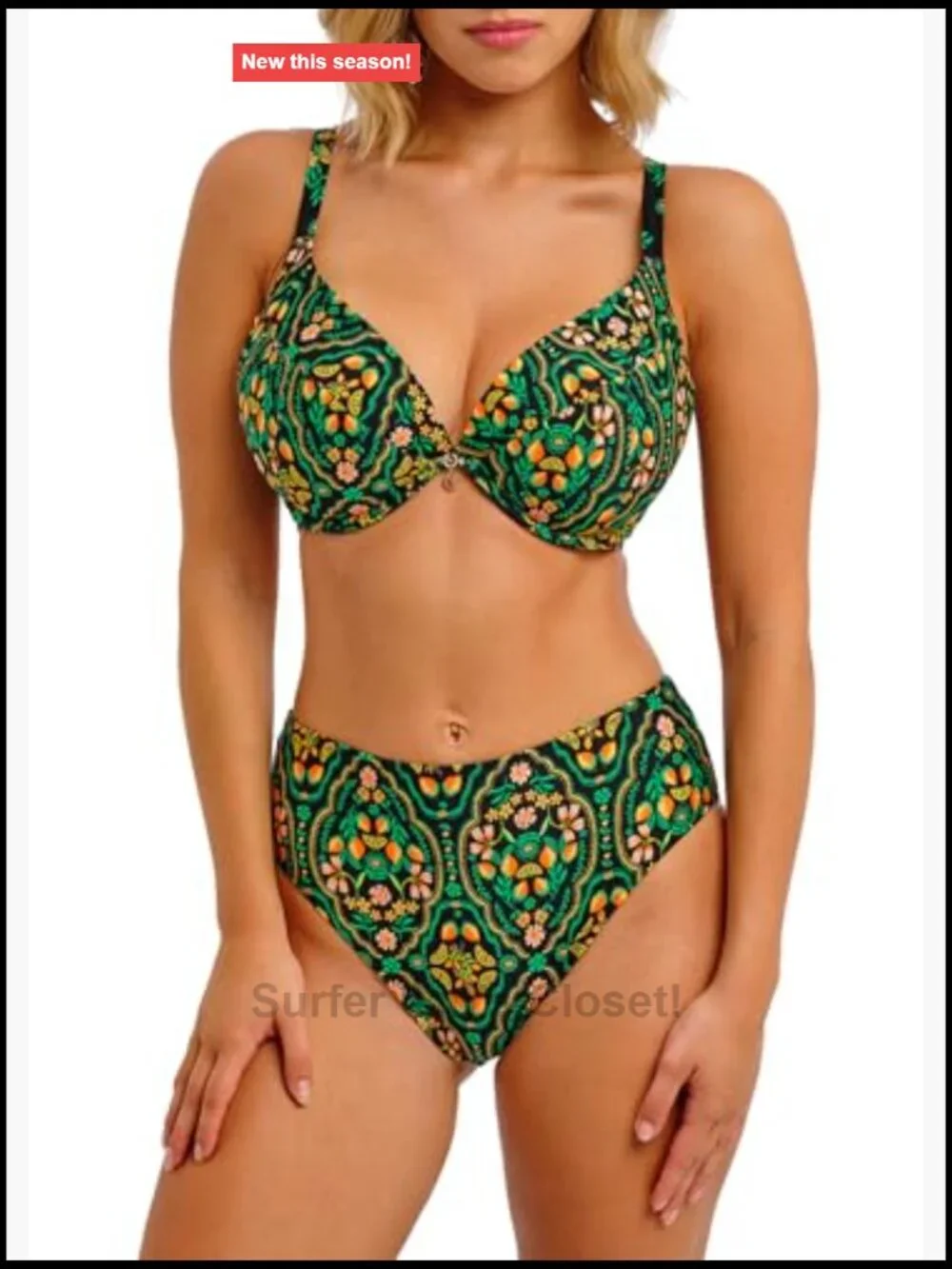 Underwire Plunge Bikini Top with Gold Leaf Trim - Size 32D